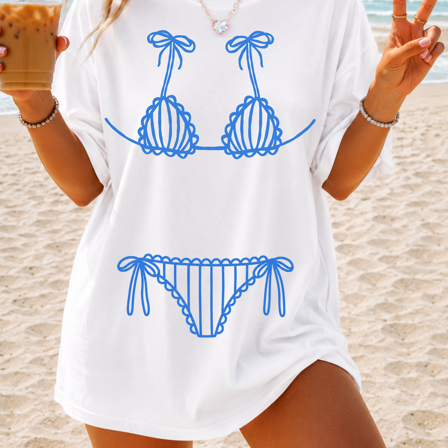 Blue Bikini Line Art Tee | Beach Graphic Shirt for Women | Coastal Summer T-Shirt