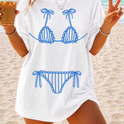 Blue Bikini Line Art Tee | Beach Graphic Shirt for Women | Coastal Summer T-Shirt