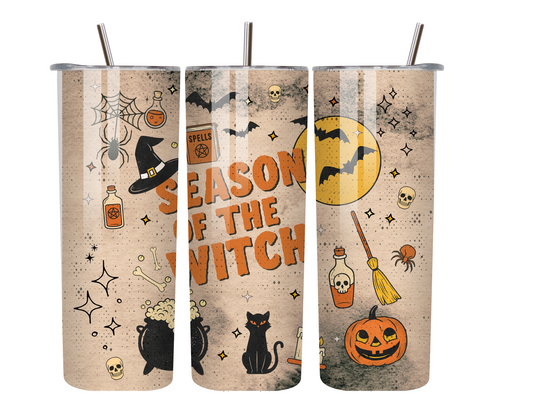 Season of the Witch – 20oz Fall Vibes Halloween Tumbler with Black Cat & Pumpkin