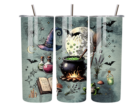 Midnight Cauldron Magic – 20oz Spooky Witch Tumbler with Potion Cauldron & Spell Book